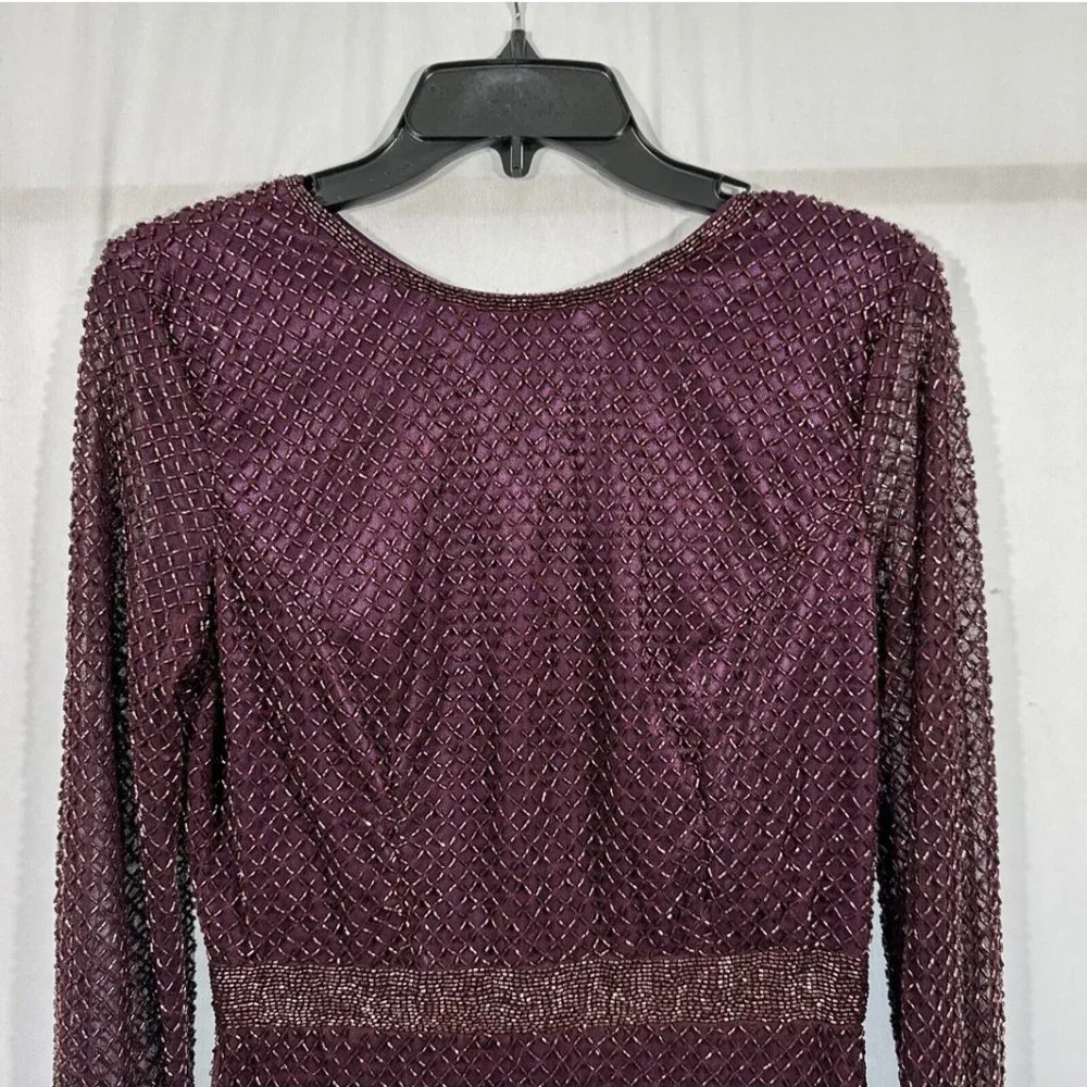 NEW $398 Mac Duggal [ 10‎ ] Bugle Beaded Long Sleeve Midi Dress Abergine #Q487 - Picture 8 of 15